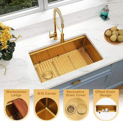 Gold Undermount Kitchen Sink 28 inch,Single Bowl Undermount Sink 16 gauge Stainless Steel,Workstation Kitchen Sinks with Gold Accessories (28" X 18")