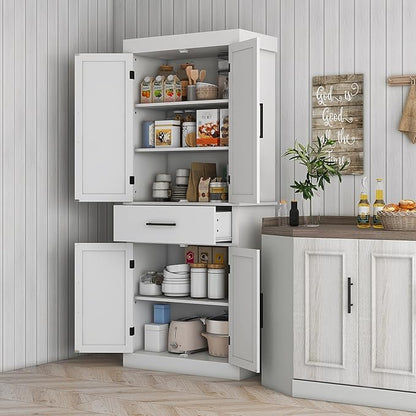 72" H Farmhouse Kitchen Pantry, Freestanding Storage Cabinet with 4 Barn Doors, Drawer, 5-Tier Shelf and Adjustable Shelves, White, Easy to Maintain, for Dining Room