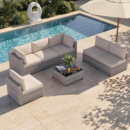 Patio Furniture Set, 7-Piece Outdoor Sectional Couch with Coffee Table & Thick Cushions, Outdoor Wicker Conversation Set for Backyard, Poolside, Garden (Grey White-White, 7 Piece-Single)