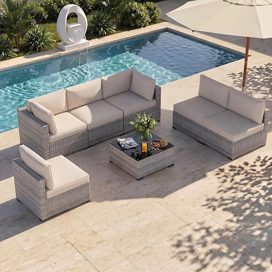 Patio Furniture Set, 7-Piece Outdoor Sectional Couch with Coffee Table & Thick Cushions, Outdoor Wicker Conversation Set for Backyard, Poolside, Garden (Grey White-White, 7 Piece-Single)