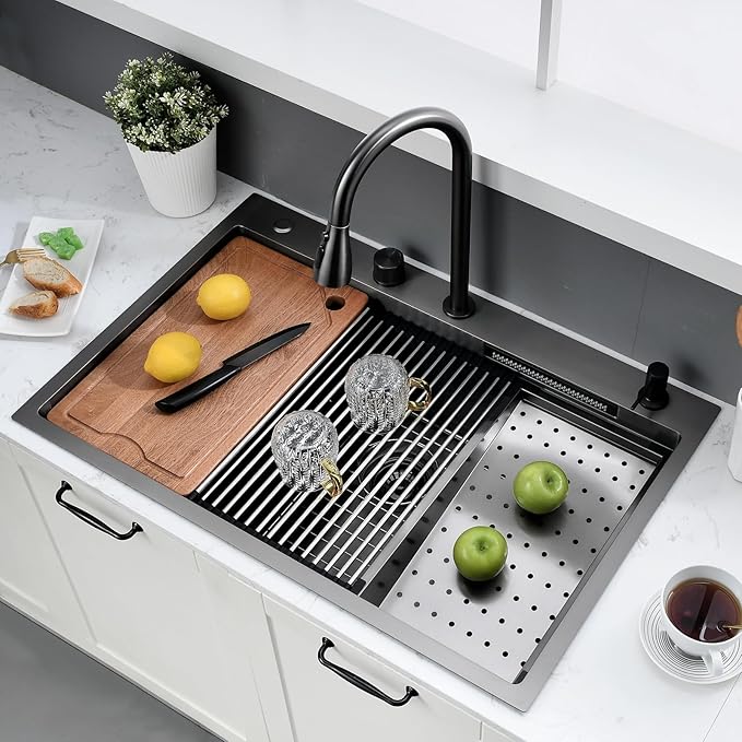 33×22 Black Waterfall Sink with Faucet Combo - 33×22 Drop In Sink with Faucet,16 Gauge Black Stainless Steel Waterfall Kitchen Sinks,10 Inch Deep Single Bowl Workstation Smart Kitchen Sinks