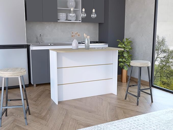 GOWE Kitchen Island with Two-Tier Storage Shelf and Ample Workstation, White/Light Pine