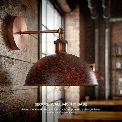 Dome Metal Wall Sconce, 180° Adjustable Industrial Wall Lamp for Bedside, Study, Kitchen, and Living Room Decor. (Rustic Red*)