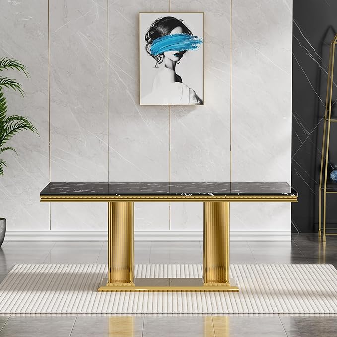 Henf Black Dining Table for 4 6, 68" Marble Dining Room Table with Gold Stainless Steel Double Pillar Base, Modern Kitchen & Dining Room Tables Rectangle Faux Marble Dinner Table for 4 6