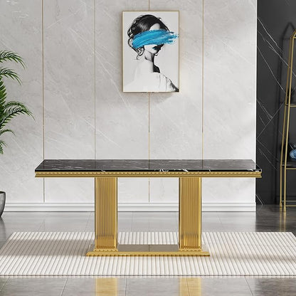 Henf Black Dining Table for 4 6, 68" Marble Dining Room Table with Gold Stainless Steel Double Pillar Base, Modern Kitchen & Dining Room Tables Rectangle Faux Marble Dinner Table for 4 6