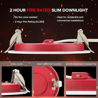 Maxxima 4 in. 2 Hour Fire Rated Ultra Thin LED Downlight, Slim Recessed Canless Light, IC Rated, 800 Lumens, 5 Color Temperature Selectable 2700K/3000K/3500K/4000K/5000K, Dimmable, J-Box Included