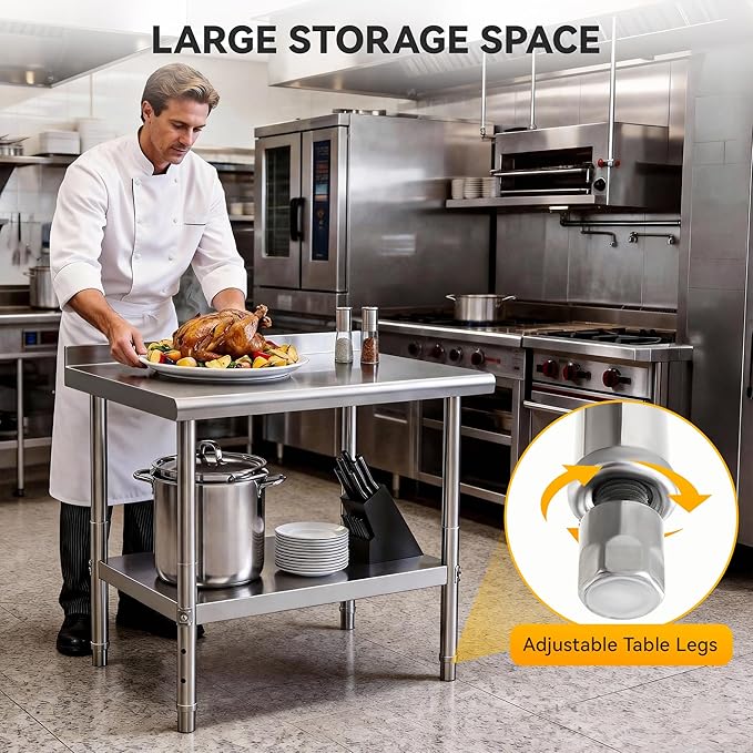 DWVO 48x24in Stainless Steel Table, NSF Metal Prep Worktable with Backsplash for Kitchen Restaurant Hotel Garage Warehouse Home