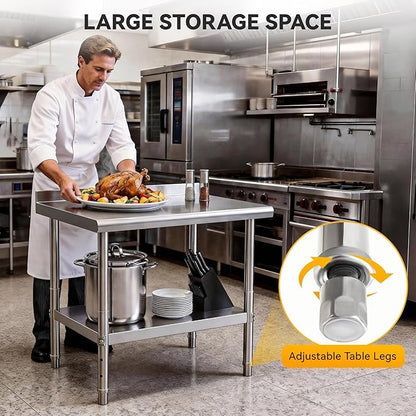 DWVO 48x24in Stainless Steel Table, NSF Metal Prep Worktable with Backsplash for Kitchen Restaurant Hotel Garage Warehouse Home