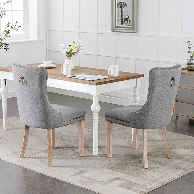Ball & Cast Contemporary Upholstered Dining Chairs Set of 2, Button Tufted Kitchen Side-Chairs with Hang Ring & Nailhead Trims & Solid Wood Legs, 2-Piece Backrest Traditional Chair, Linen Gray