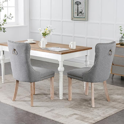 Ball & Cast Contemporary Upholstered Dining Chairs Set of 2, Button Tufted Kitchen Side-Chairs with Hang Ring & Nailhead Trims & Solid Wood Legs, 2-Piece Backrest Traditional Chair, Linen Gray