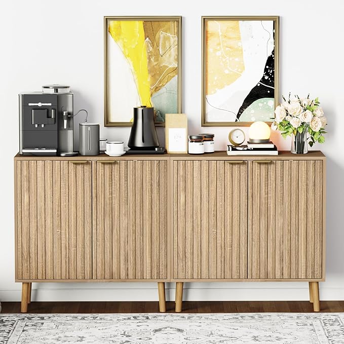 Vrullu Fluted Storage Cabinet, Free Standing Buffet, Wood Sideboard, Multifunctional Accent Storage for Living Room, Hallway, Entryway, Dining Room (2, Oak)