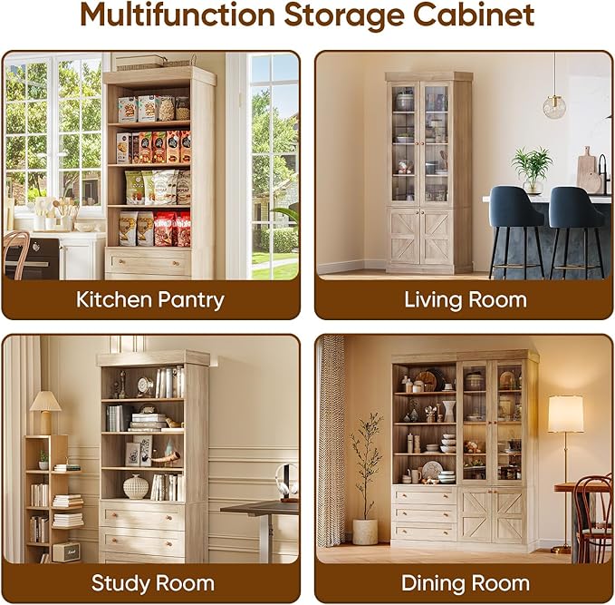 ivaniti 71" Tall Farmhouse Kitchen Pantry, Rustic Brown Wood Storage Cabinet with Glass Doors and Adjustable Shelves, Versatile Hutch for Dining Room, Living Room, Set of 2