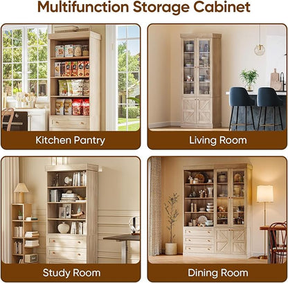 ivaniti 71" Tall Farmhouse Kitchen Pantry, Large Storage Cabinet with Adjustable Shelves and 3 Drawers, White Versatile Hutch for Dining Room and Living Room, 3 Pcs
