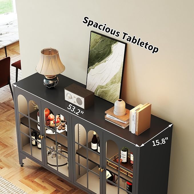 Foreate Sideboard Buffet Cabinet with Glass Door & LED Light, 53.2" Large Buffet Cabinet with Storage & Adjustable Shelf, Farmhouse Sideboard Credenzas Metal Kitchen Buffet, Black