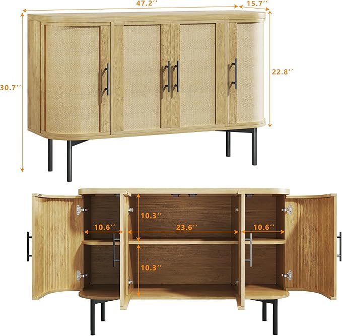 HUAHUU 47.2" Sideboard Buffet Cabinet with Storage, Sideboard Cabinet with 4 Rattan Doors, Adjustable Shelf & Metal Legs, Multifunctional Storage Cabinet for Kitchen, Living Room, Entryway, Oak
