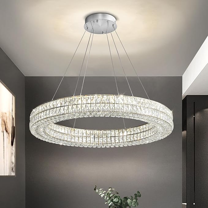 Led Ring Chandelier, Modern Dimmable Crystal Chandeliers Lighting for Living Room 24" Silver Hanging Light with Remote Control