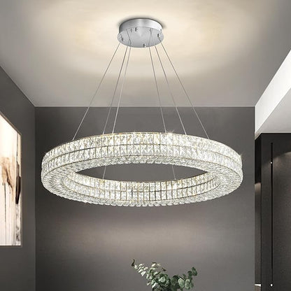 Led Ring Chandelier, Modern Dimmable Crystal Chandeliers Lighting for Living Room 24" Silver Hanging Light with Remote Control