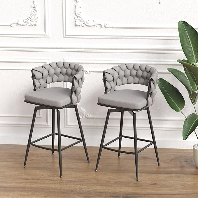 28" Technical Leather Woven Bar Stool Set of 2,Black Legs Barstools No Adjustable Kitchen Island Chairs,360 Swivel Bar Stools,for Living Room