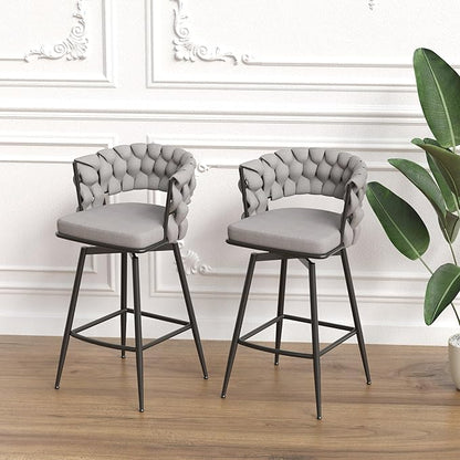 28" Technical Leather Woven Bar Stool Set of 2,Black Legs Barstools No Adjustable Kitchen Island Chairs,360 Swivel Bar Stools,for Living Room