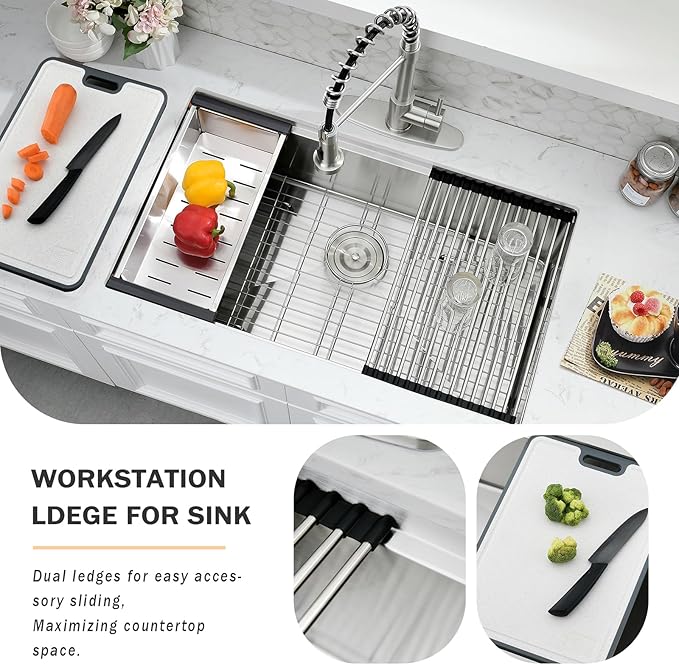 WHaor 30 Inch Undermount Kitchen Sink, 30x19 Stainless Steel Single Bowl Workstation 16 Gauge Handmade 10" Deep Modern Under Counter Sink with Accessories