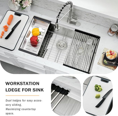 WHaor 30 Inch Undermount Kitchen Sink, 30x19 Stainless Steel Single Bowl Workstation 16 Gauge Handmade 10" Deep Modern Under Counter Sink with Accessories