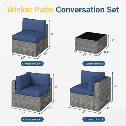 Wisteria Lane 7 Pieces Outdoor Patio Furniture Set, Wicker Outdoor Patio Sectional Sofas with Coffee Table, All-Weather Patio Conversation Set for Backyard Garden, Navy Blue