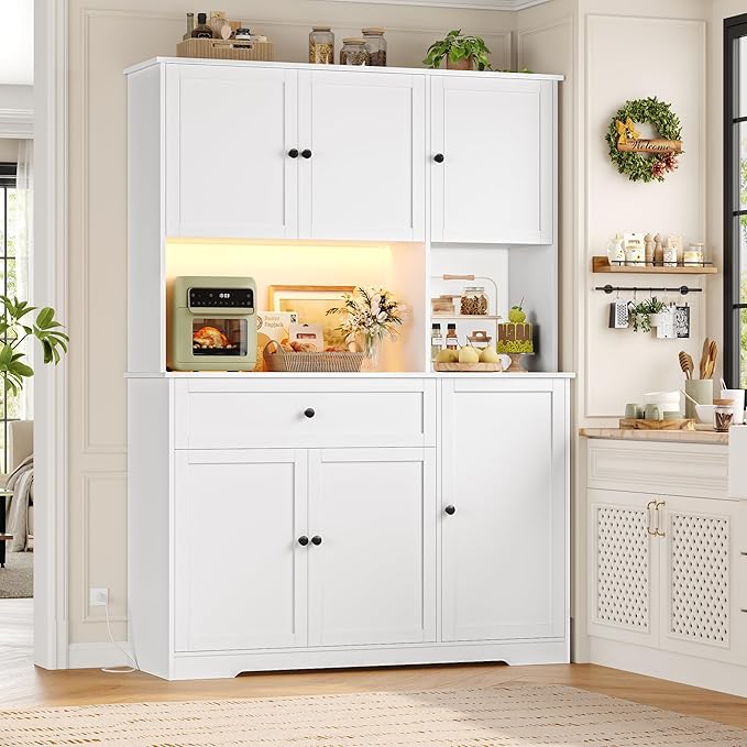 FINETONES Pantry Cabinet with 7-Color LED Light and Charging Station, 71" Tall Kitchen Pantry Cabinet with Microwave Stand, Modern Kitchen Hutch with Storage Drawer for Dining Room, White