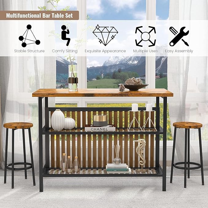 AWQM Kitchen Island with Seating & Storage Shelf, Modern Bar Table and Chairs Set for 2, Wooden Island Table for Kitchen, Dining Table Set for Small Space, Walnut Color