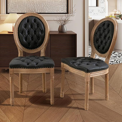 SoarFlash French Dining Chairs Set of 6, Vantage Dining Chair with Round Back, Farmhouse Country PU Leather Dining Chair for Kitchen,Bedroom,Black