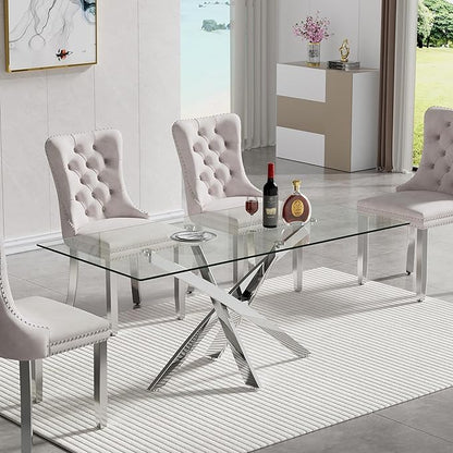 51" Glass Dining Table for 4-6, Modern Dining Room Table with 0.39" Tempered Glass Top and Cross X-Shaped Silver Stainless Steel Base, Rectangle Kitchen Dinner Table for Dining Room