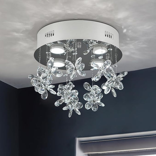 4-Lights Modern Chandelier K9 Crystal Lighting Fixture,11.8 Inch Round Silver Stainless Steel Flush Mount Ceiling Lights for Bedroom Foyer Hallway Dining Room,GU10 Bulbs Include