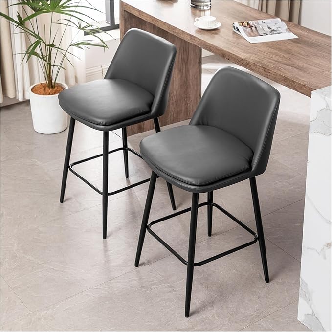 Counter Height Swivel Bar Stools Set of 2, 360° Swivel Upholstered Barstools with Back and Metal Legs, 25.6" Seat Height,Counter Stools for Kitchen Island and Pub,Faux Leather,Grey,for Living Room