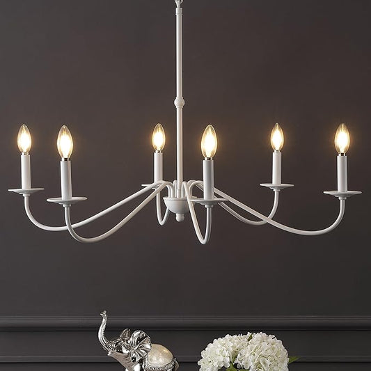 JONATHAN Y 34.75" White 6-Light Bohemian Farmhouse Iron Chandelier, Rustic Candle-Style LED Hanging Light for Dining Room Kitchen Island Entryway Foyer (JYL7559D)