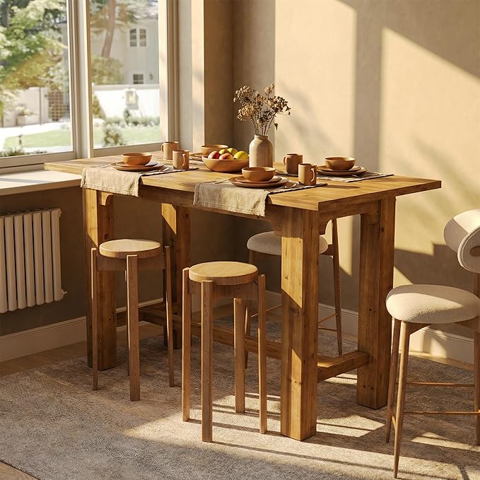 63-Inch Counter Height Dining Table, Solid Wood bar Height Kitchen Table for Dining Room, Rectangular Home Bar Furniture with Natural Grain, Brown