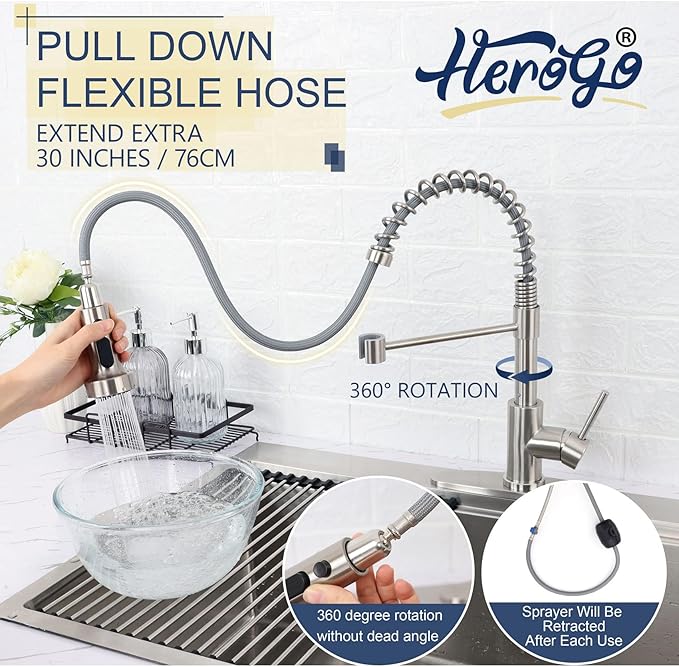 Kitchen Faucets with Pull Down Sprayer Brushed Nickel, Herogo 2.0 Upgraded Commercial Stainless Steel Single Handle Pull Out Spring Sink Faucets with Deck Plate for Utility Farmhouse Laundry Rv Wet