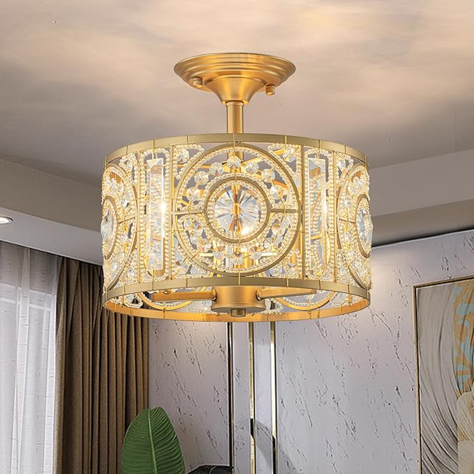 Semi Flush Mount Chandelier for Dining Room, 3-Lights Vintage Crystal Round Chandelier, Gold Retro Semi-Flush Mount Ceiling Lights Fixture for Living Room Bedroom Kitchen Hallway Foyer