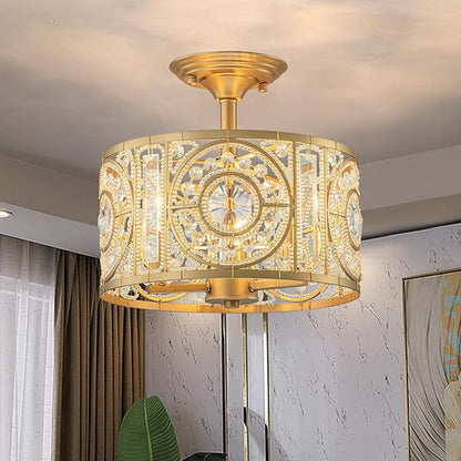 Semi Flush Mount Chandelier for Dining Room, 3-Lights Vintage Crystal Round Chandelier, Gold Retro Semi-Flush Mount Ceiling Lights Fixture for Living Room Bedroom Kitchen Hallway Foyer