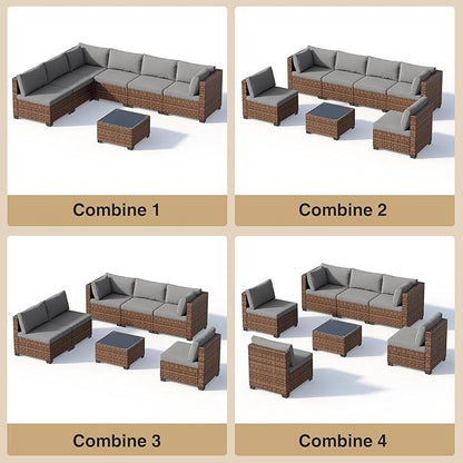 Qsun 7 Pieces Patio Furniture Set, Outdoor Sectional Rattan Sofa Set, Wicker Patio Conversation Set with Cushions and Glass Coffee Table, for Balcony, Porch, Garden, Grey