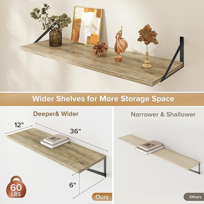Acovy Deep Floating Shelves Wall Mounted, 36"x12" Gray Wall Shelves with Brackets Set of 2 for Bedroom, Living Room, Bathroom, Kitchen, Office - Storage & Display Shelf for Decor, Books, Plants