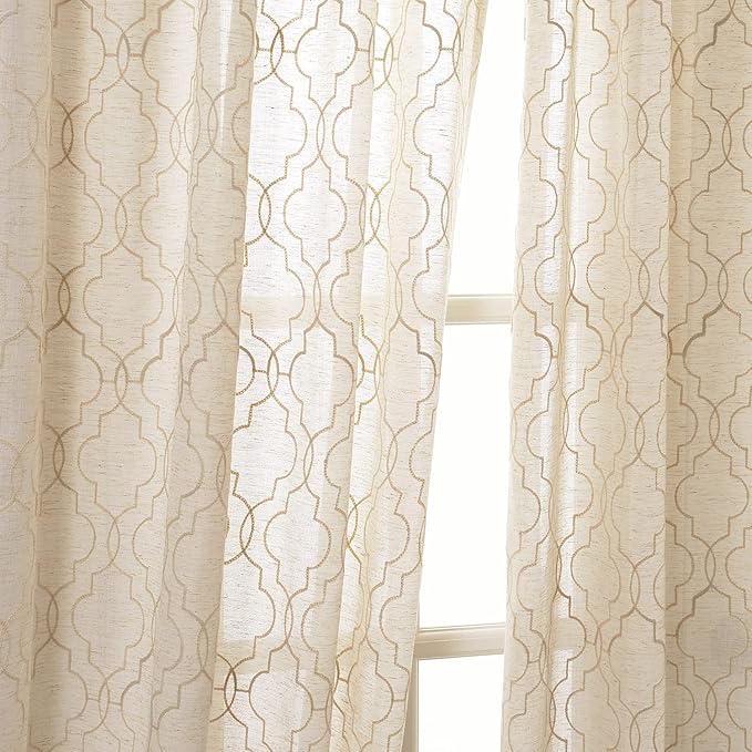 HPD Half Price Drapes Embroidered Linen Sheer Curtains for Living Room 50 X 96 (1 Panel), Rod Pocket Window Curtains for Bedroom, Saida Natural