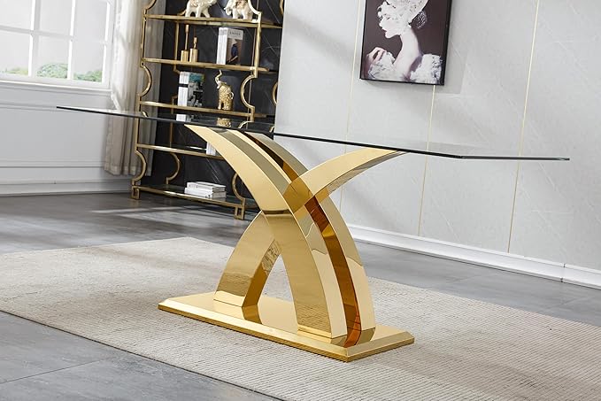 Luxury Gold Glass Dining Table for 6-8 Modern 70" Rectangular Kitchen Table with Stainless Steel Base Large Clear Glass Top Dining Room Tables for Home Office