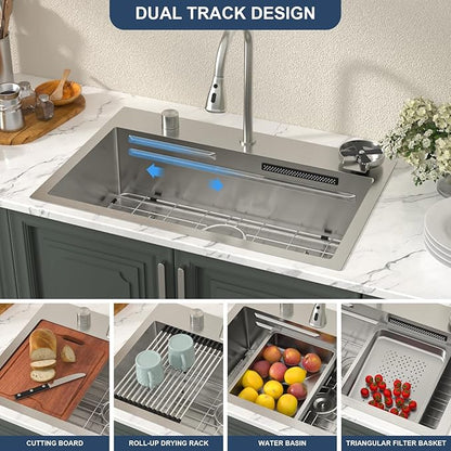 Lordear 31 Drop Kitchen Sink with Faucet Combo 31"x20" Waterfall Kitchen Sink Workstation Stainless Steel 16 Gauge Single Bowl Topmount Handmade Sinks with Pull Out Faucet