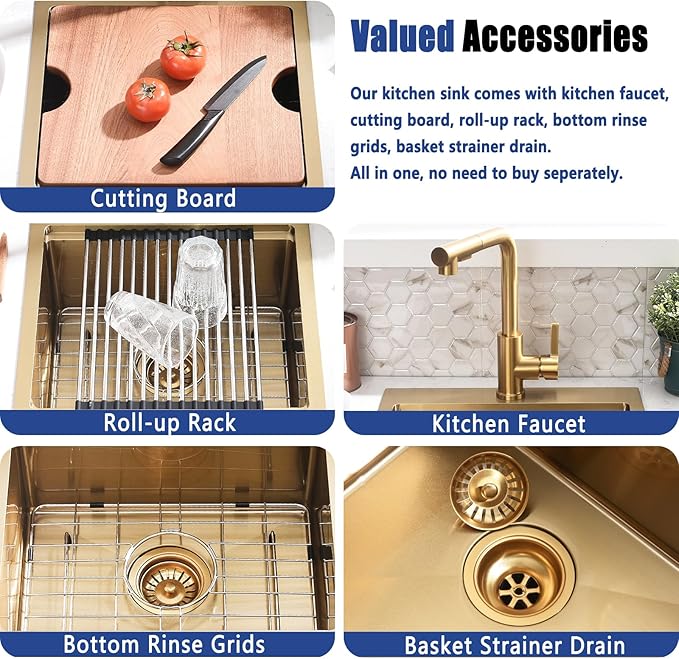 18x18 Gold Drop In Kitchen Sink and Faucet Combo Set - 18 Inch Gold Small Bar Sink with Faucet, 9 Inch Deep Stainless Steel Drop In Sinks Workstation with Accessories