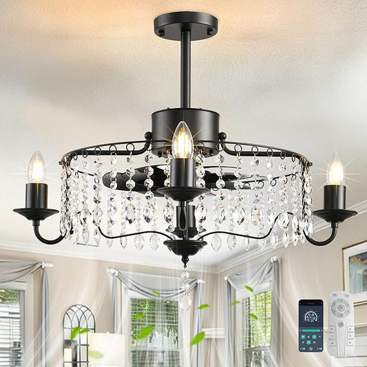 Garwarm 20in Ceiling Fans with Lights,Black Crystal Fandelier Bladeless Industrial Ceiling Fan with Remote,Flush Mount Ceiling Fan Lights for Bedroom Kitchen