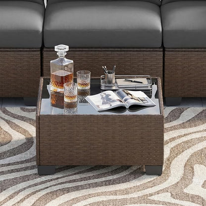 Patio Furniture Set, 7-Piece Outdoor Sectional Couch with Coffee Table & Thick Cushions, Outdoor Wicker Conversation Set for Backyard, Poolside, Garden (Brown-Grey, 7 Piece-Single)