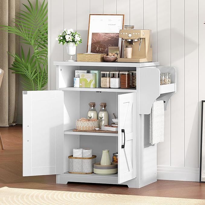 YATINEY Coffee Bar Cabinet, Kitchen Island with Storage, Farmhouse Sideboard Buffet Cabinet with Dual-Purpose Floating Shelf and Hooks, for Kitchen, Restaurant, Living Room, White KF22WT