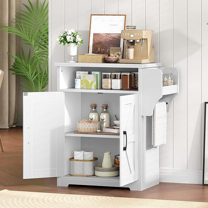YATINEY Coffee Bar Cabinet, Kitchen Island with Storage, Farmhouse Sideboard Buffet Cabinet with Dual-Purpose Floating Shelf and Hooks, for Kitchen, Restaurant, Living Room, White KF22WT