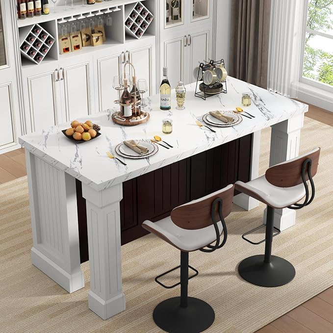 Gyfimoie 63" Large Imitation Marble Dining Table with Roman Column,36" H Island Table with Charging Station,Mordern Kitchen Island,Home Bar Unit for Home Kitchen, Living Room, Balcony, Basement