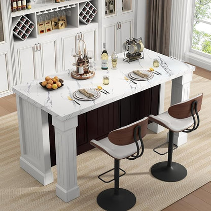 Gyfimoie 63" Large Imitation Marble Dining Table with Roman Column,36" H Island Table with Charging Station,Mordern Kitchen Island,Home Bar Unit for Home Kitchen, Living Room, Balcony, Basement