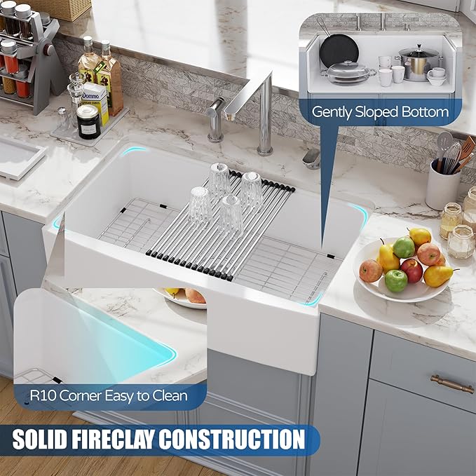 33 White Farmhouse Sink Workstation, Hugsleek Undermount Farm Kitchen Sink 33x21 inch Apron Front White Porcelain Ceramic Fireclay Sinks Ledge Accessories Under Counter Single Bowl Farmer Sinks Basin